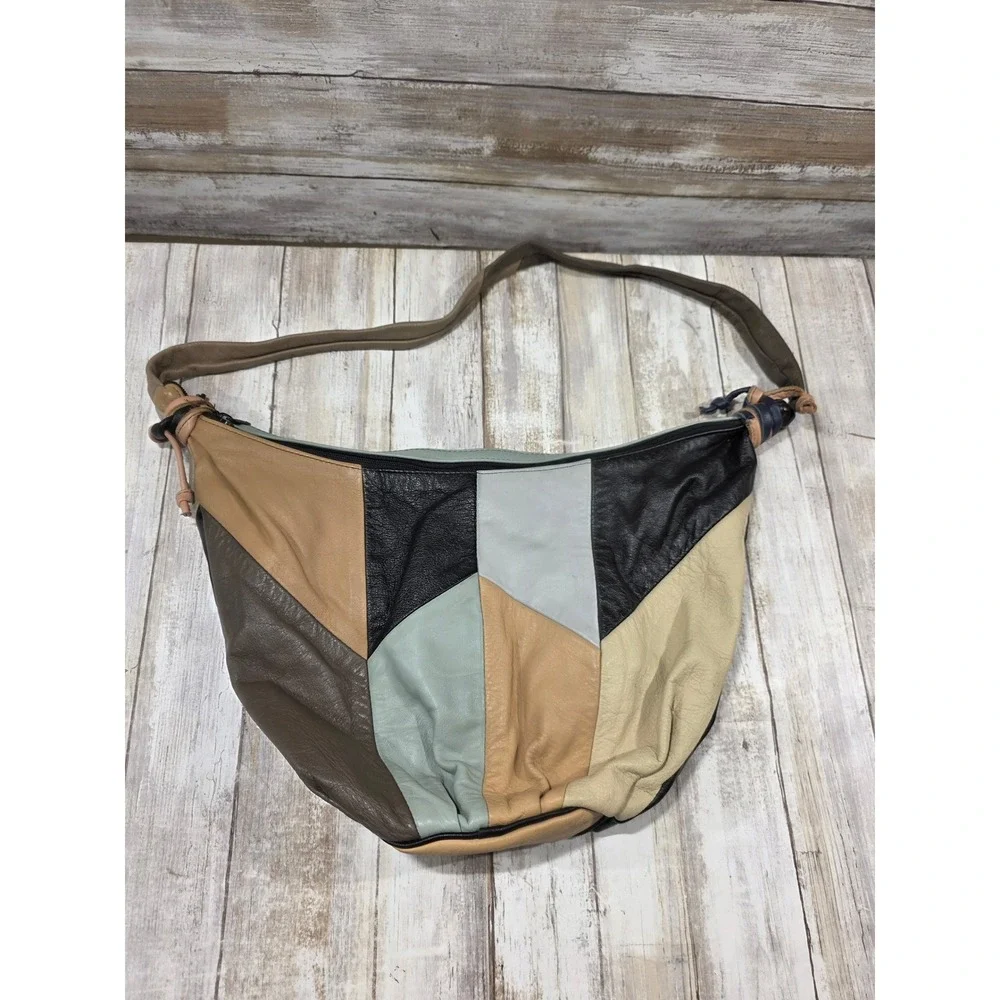 Carroll Leather Goods Patchwork Top Grain Leather Hobo Shoulder Bag Earth‎ Tones